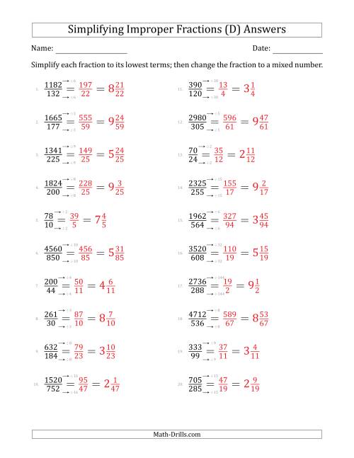 Simplifying Improper Fractions to Lowest Terms (Harder Questions) (D)