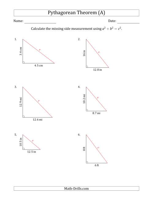 Calculate the Hypotenuse Using Pythagorean Theorem (No Rotation) (A)
