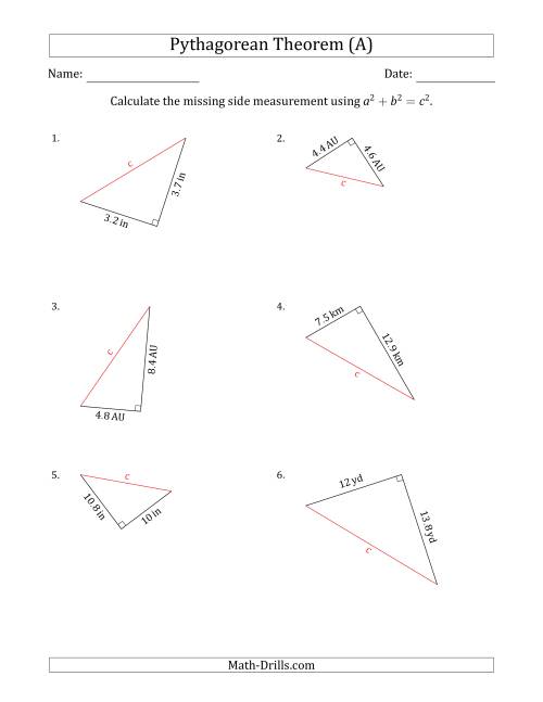 Calculate the Hypotenuse Using Pythagorean Theorem (All)