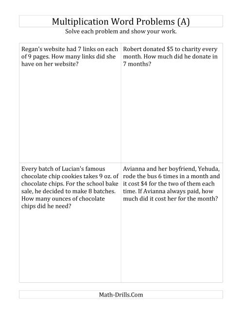 SingleStep Multiplication Word Problems up to 10 x 10 (A