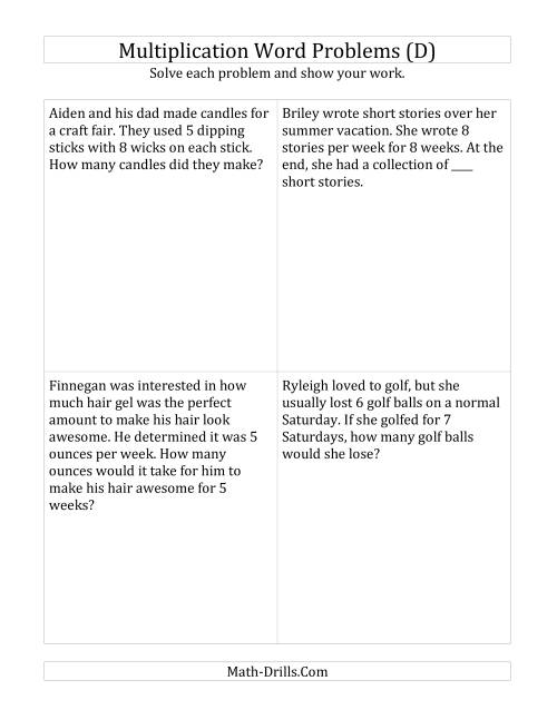 SingleStep Multiplication Word Problems up to 10 x 10 (D)
