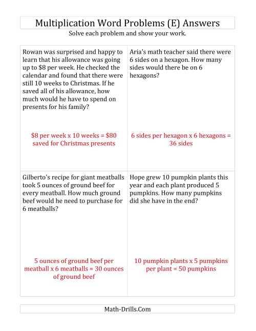 SingleStep Multiplication Word Problems up to 10 x 10 (E)