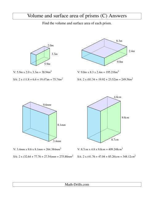 Volume and Surface Area of Rectangular Prisms with Decimal Numbers (C)