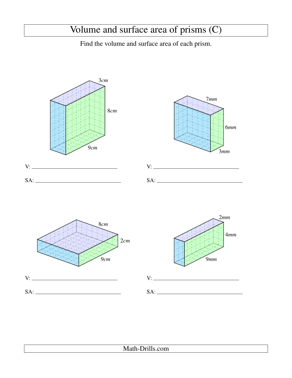 Volume and Surface Area of Rectangular Prisms with Whole Numbers (C)