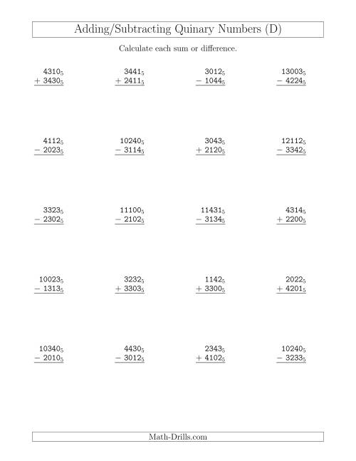 Adding and Subtracting Quinary Numbers (Base 5) (D)