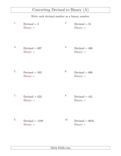 Converting Decimal Numbers to Binary Numbers (A)