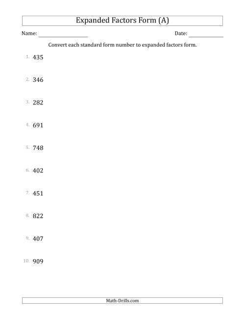 Converting Standard Form Numbers to Expanded Factors Form