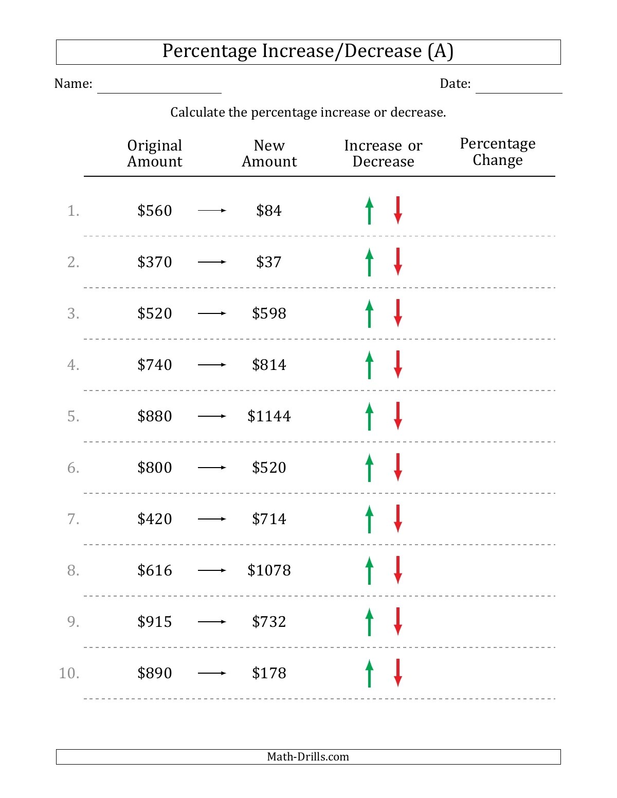 Percent Increase or Decrease of Dollar Amounts with Multiples of 5 (A)
