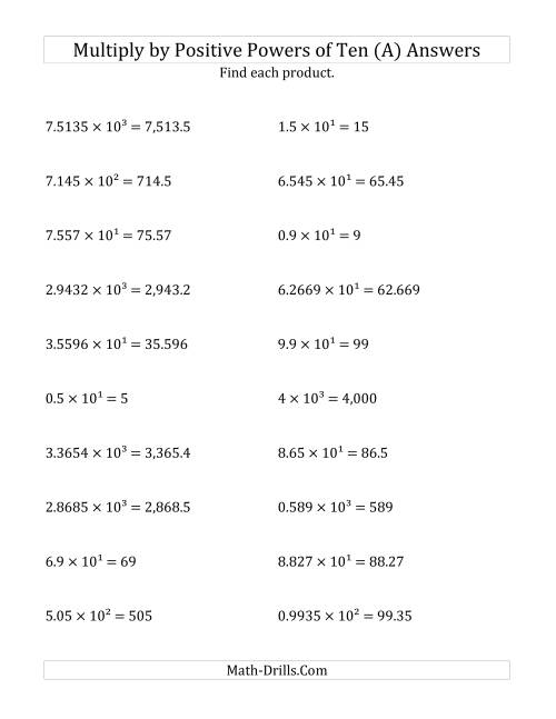 Multiplying Decimals by Positive Powers of Ten (Exponent Form) (A)