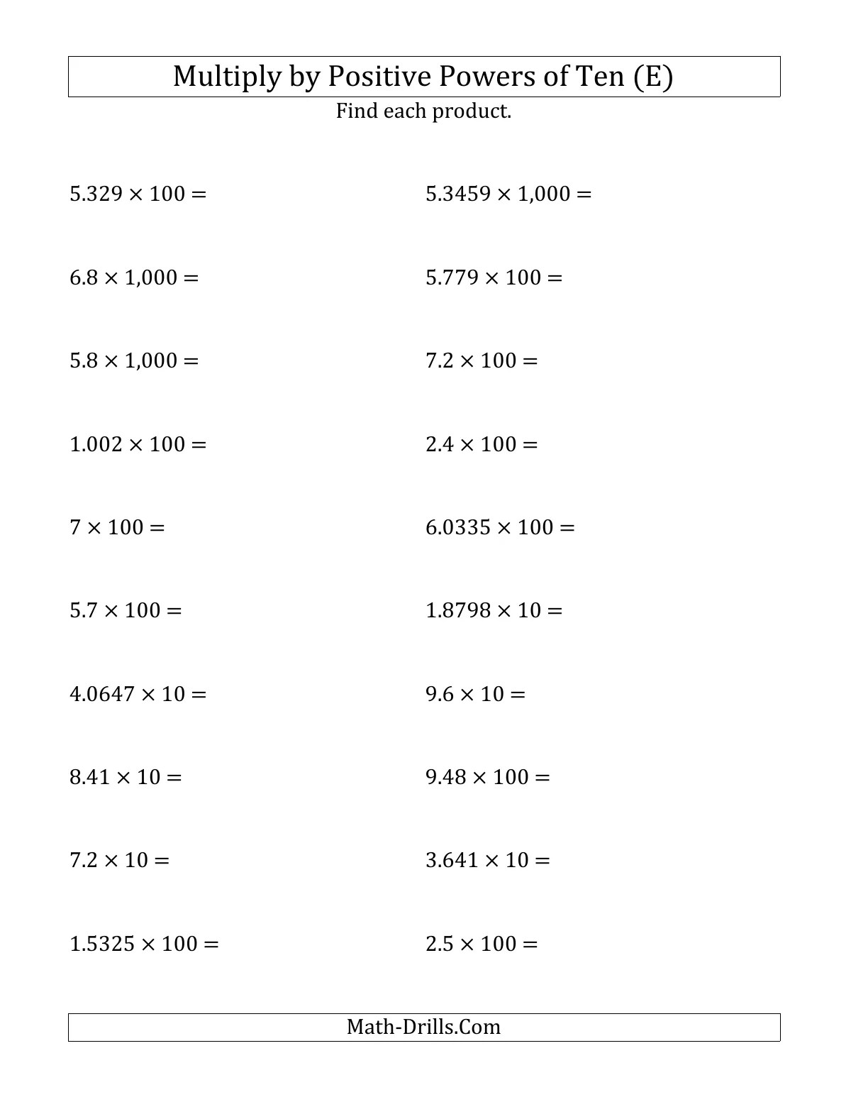 Multiplying Decimals by Positive Powers of Ten (Standard Form) (E)
