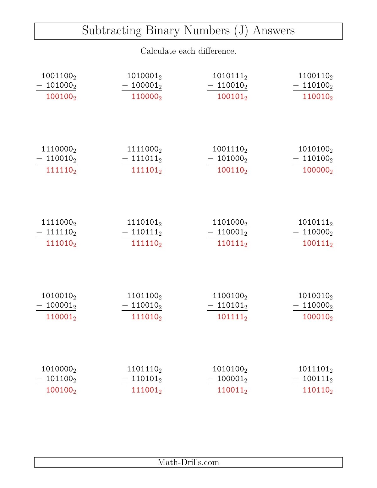 Subtracting Binary Numbers (Base 2) (J)