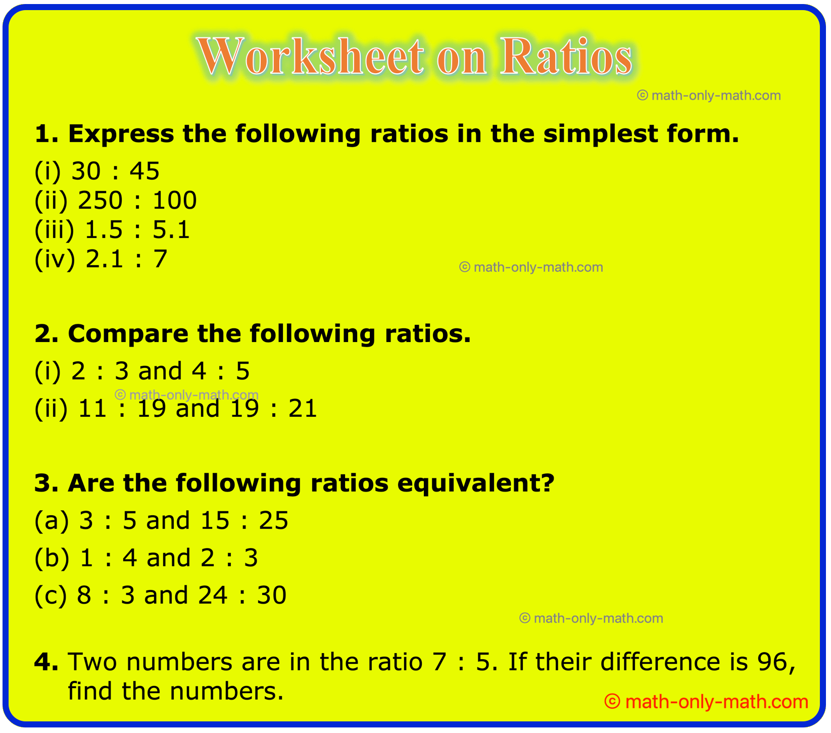 Worksheet on Ratios |Basic Concept of Ratio|Comparison of Ratios