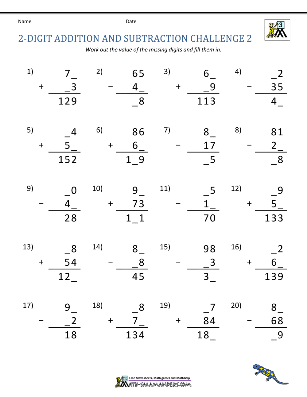 2 Digit Addition and Subtraction Worksheets