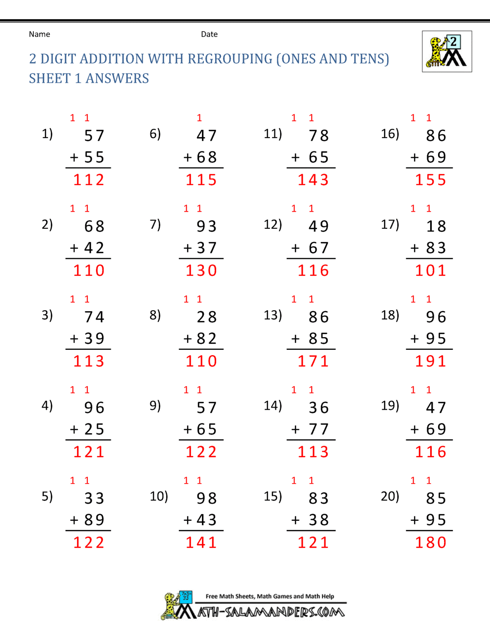 2 Digit Addition Worksheets
