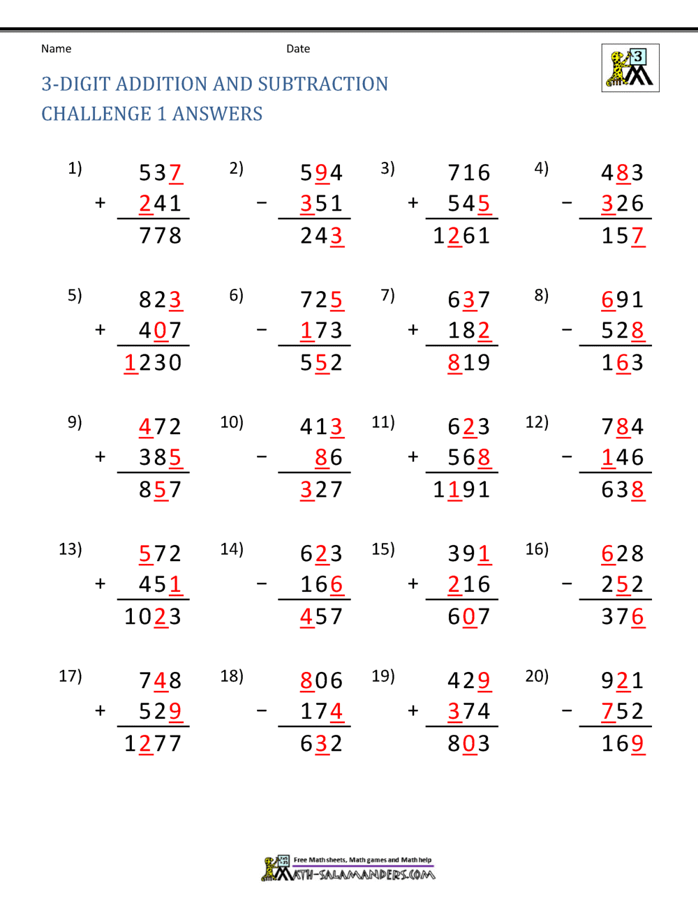 3 Digit Addition and Subtraction Worksheets