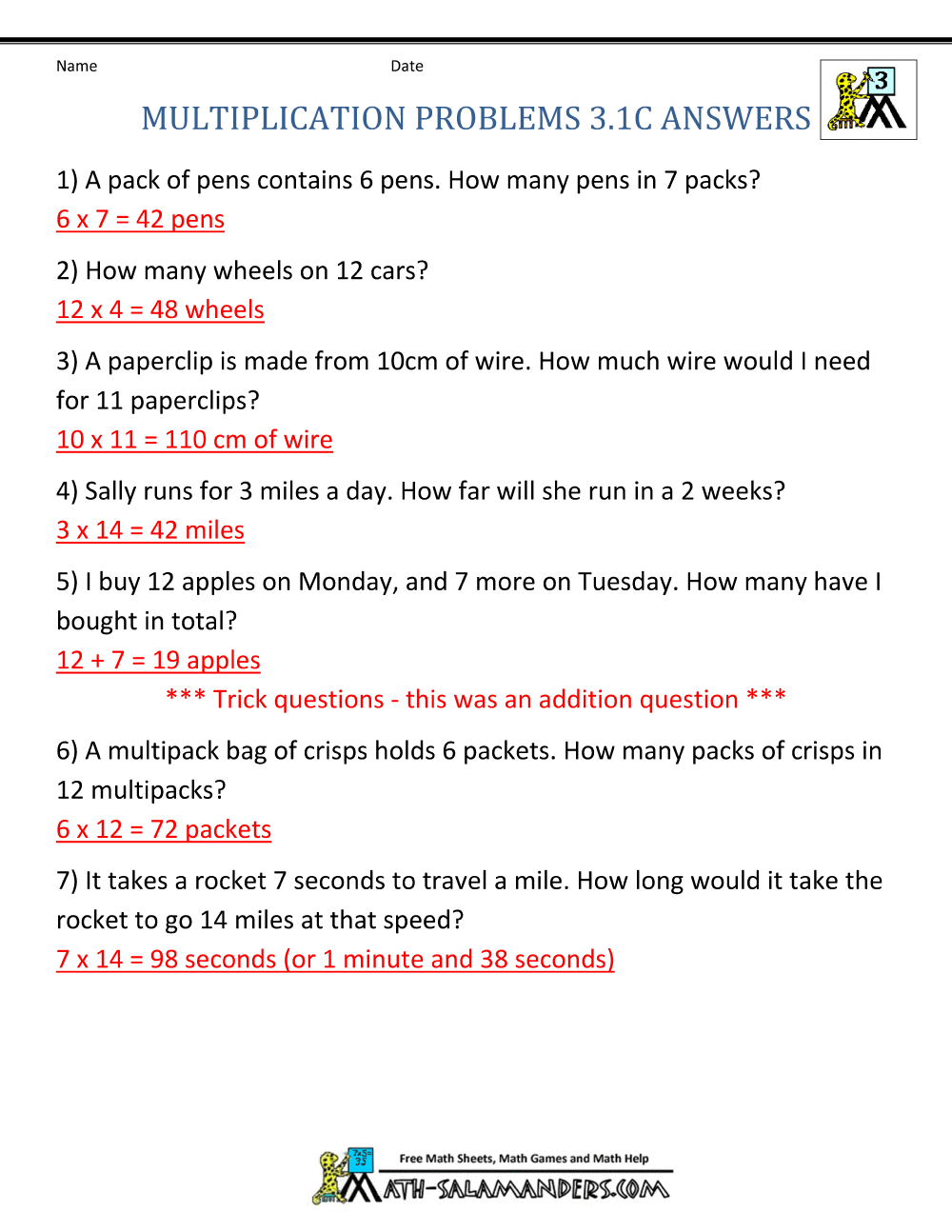 Multiplication Word Problem Worksheets 3rd Grade