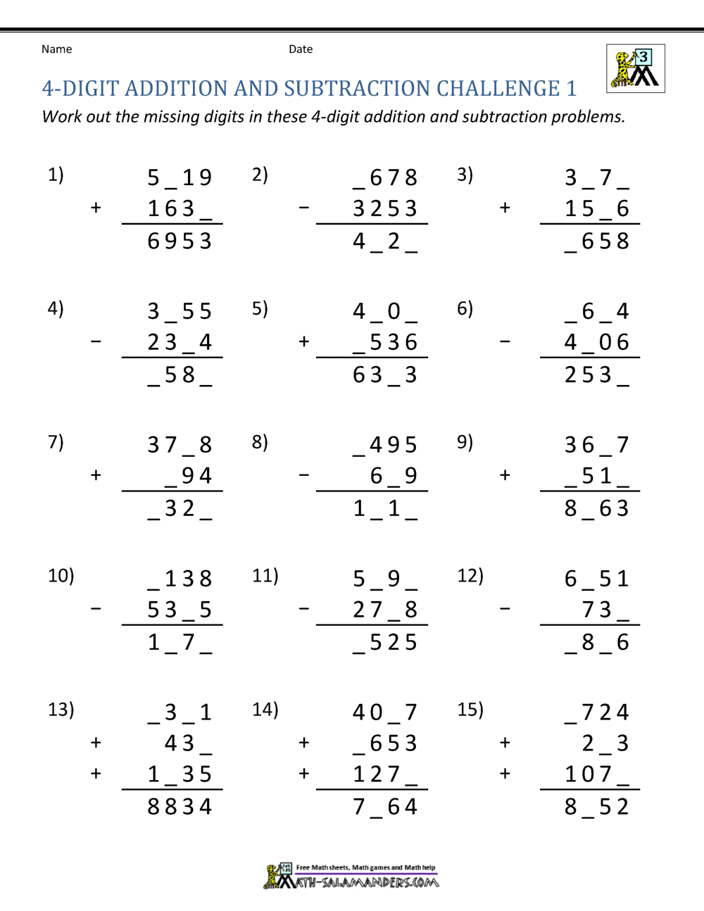 4 Digit Addition and Subtraction Worksheets