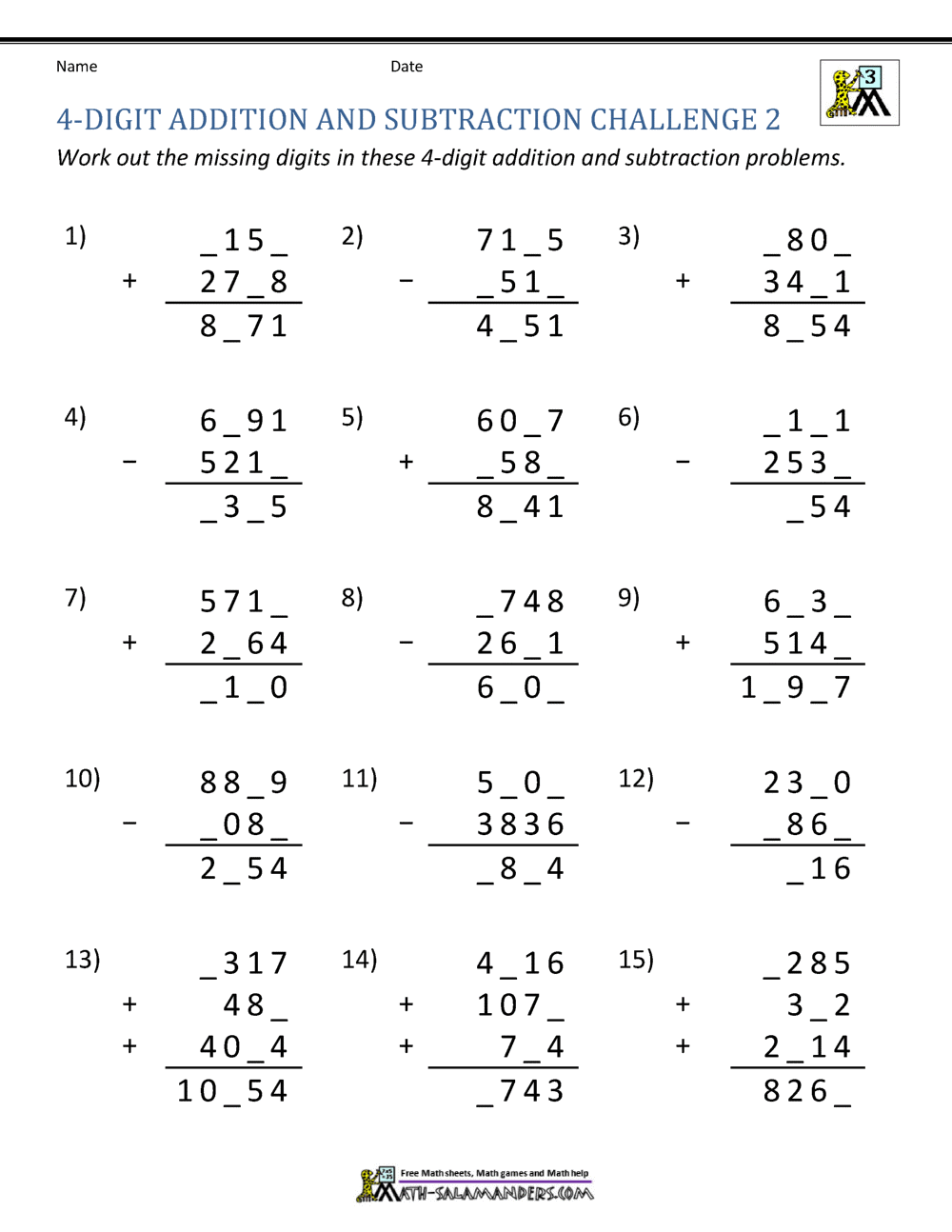 4 Digit Addition and Subtraction Worksheets