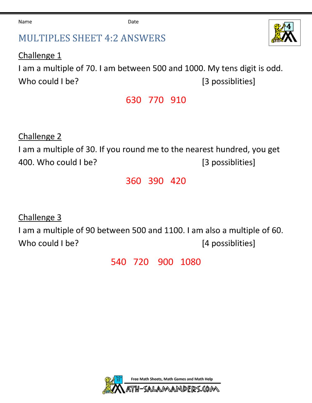 4th Grade Math Practice Multiples, Factors and Inequalities