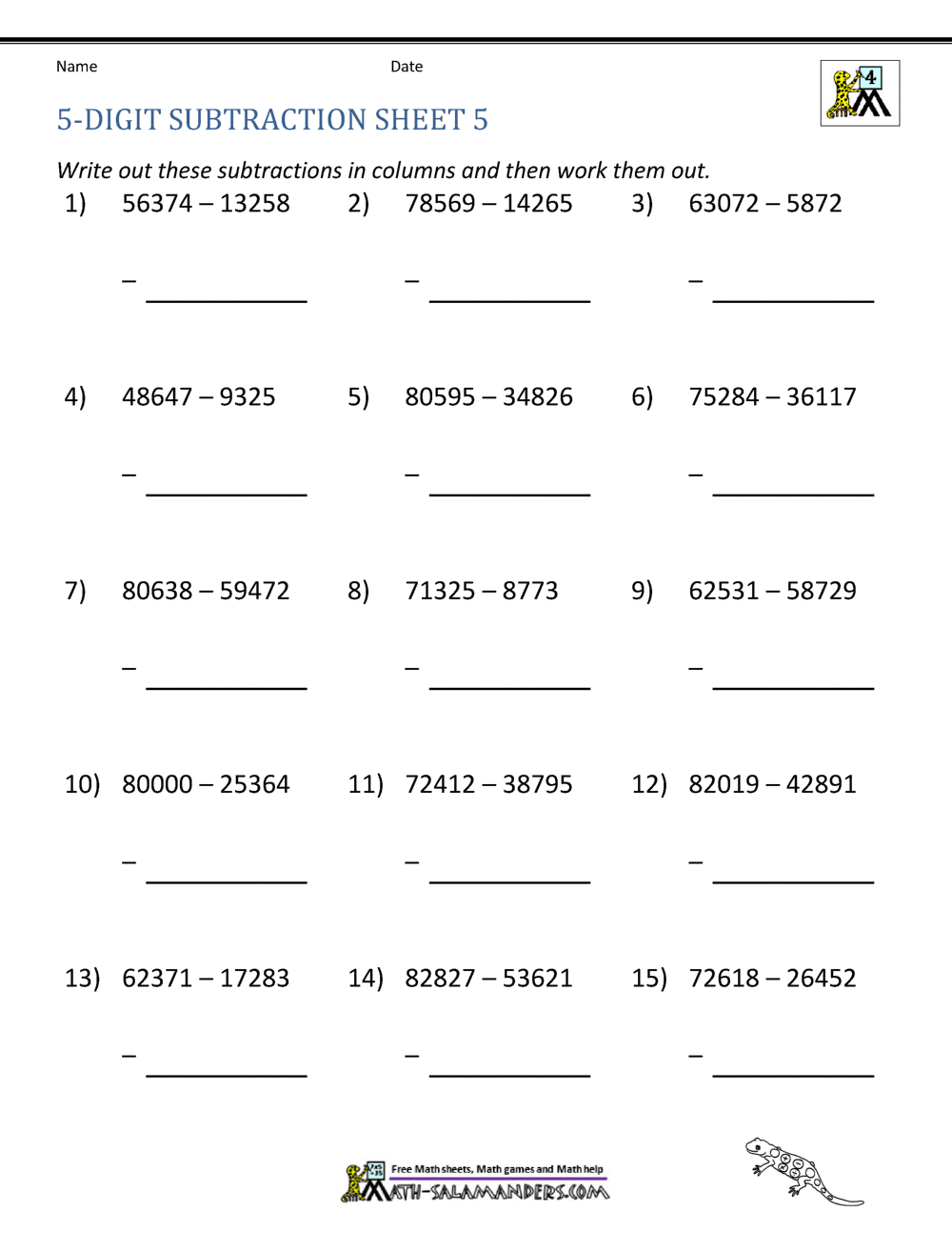 5 Digit Subtraction Worksheets