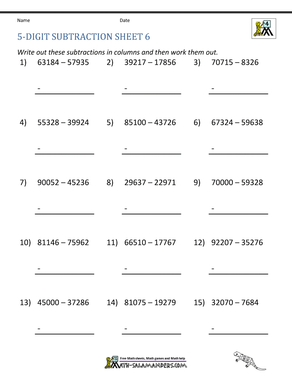 5 Digit Subtraction Worksheets