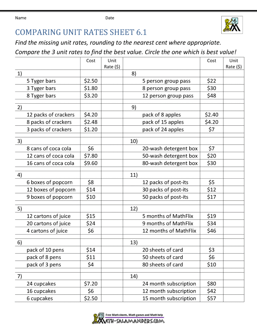 Unit Rate Word Problems 6th Grade