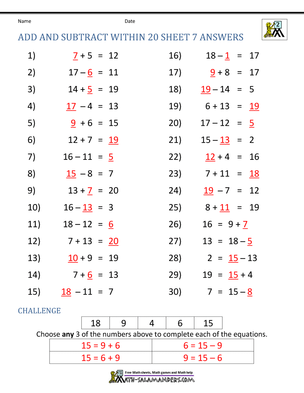 Add and Subtract Within 20