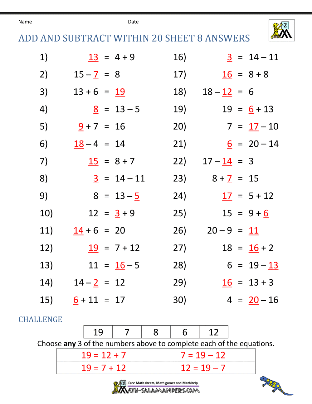 Add and Subtract Within 20