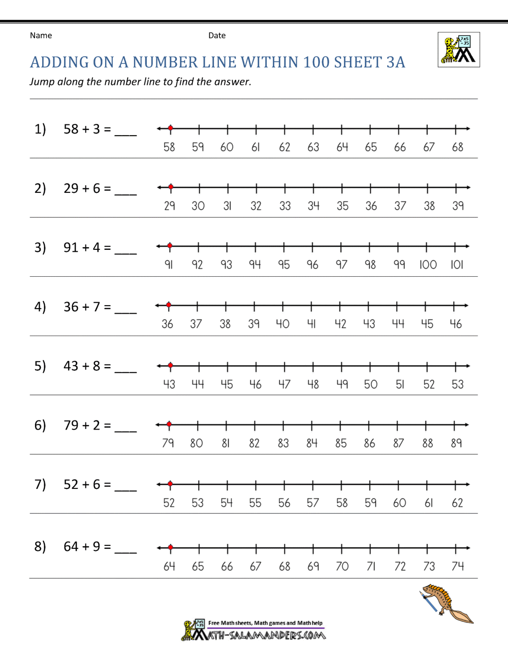 Adding on a Number Line Worksheets