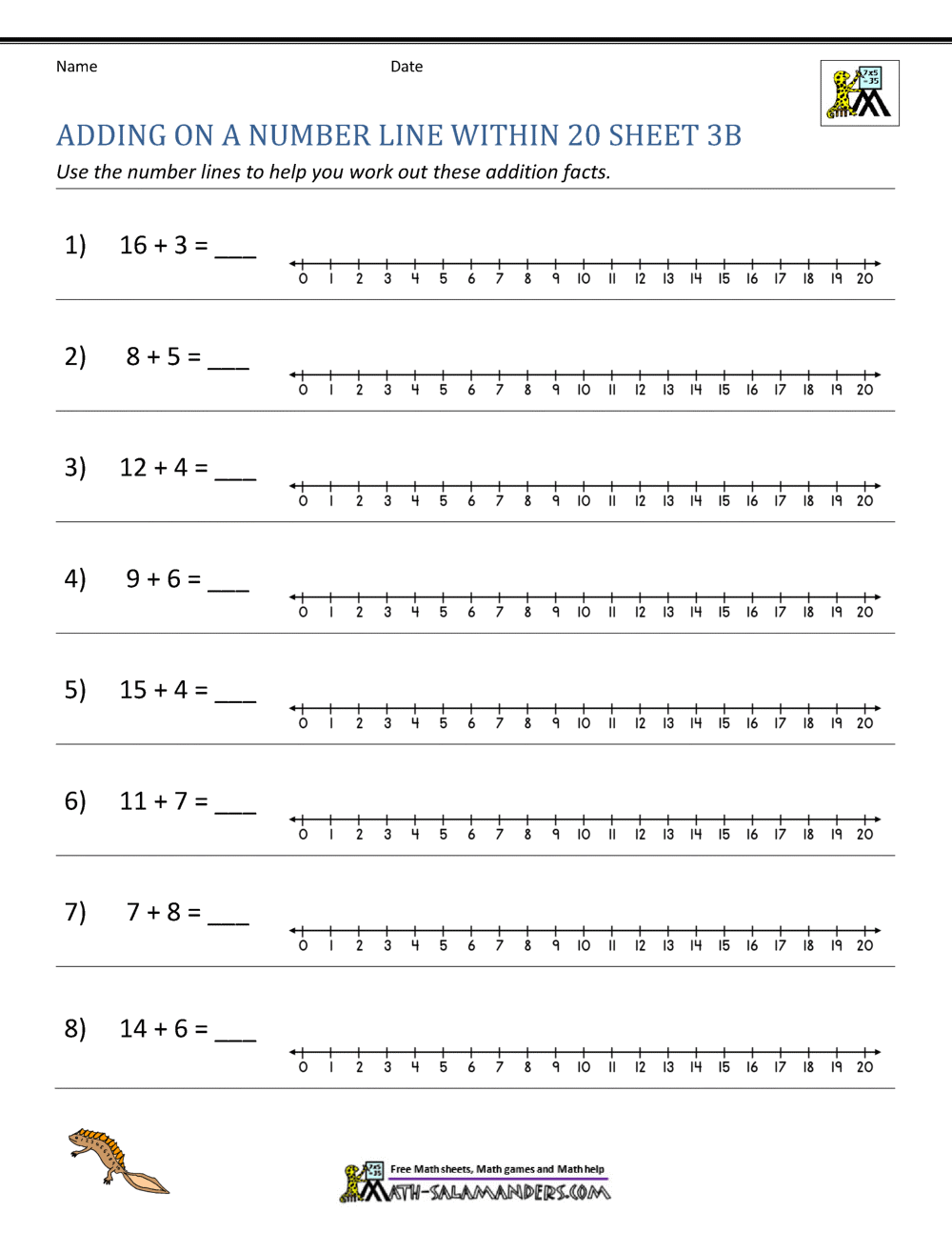 Adding on a Number Line Worksheets