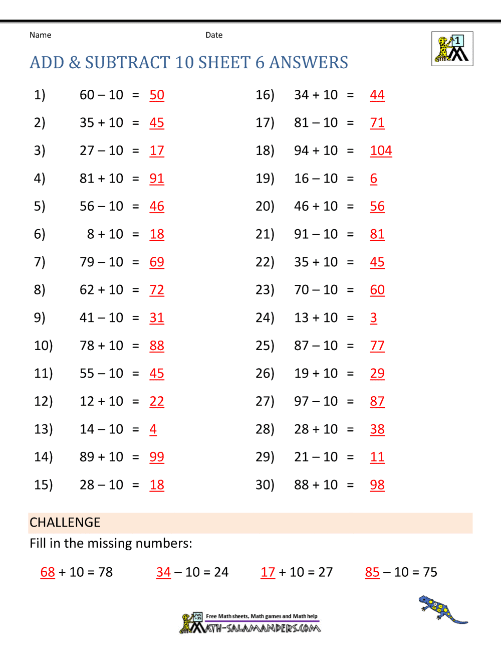 Add and Subtract 10 Worksheet