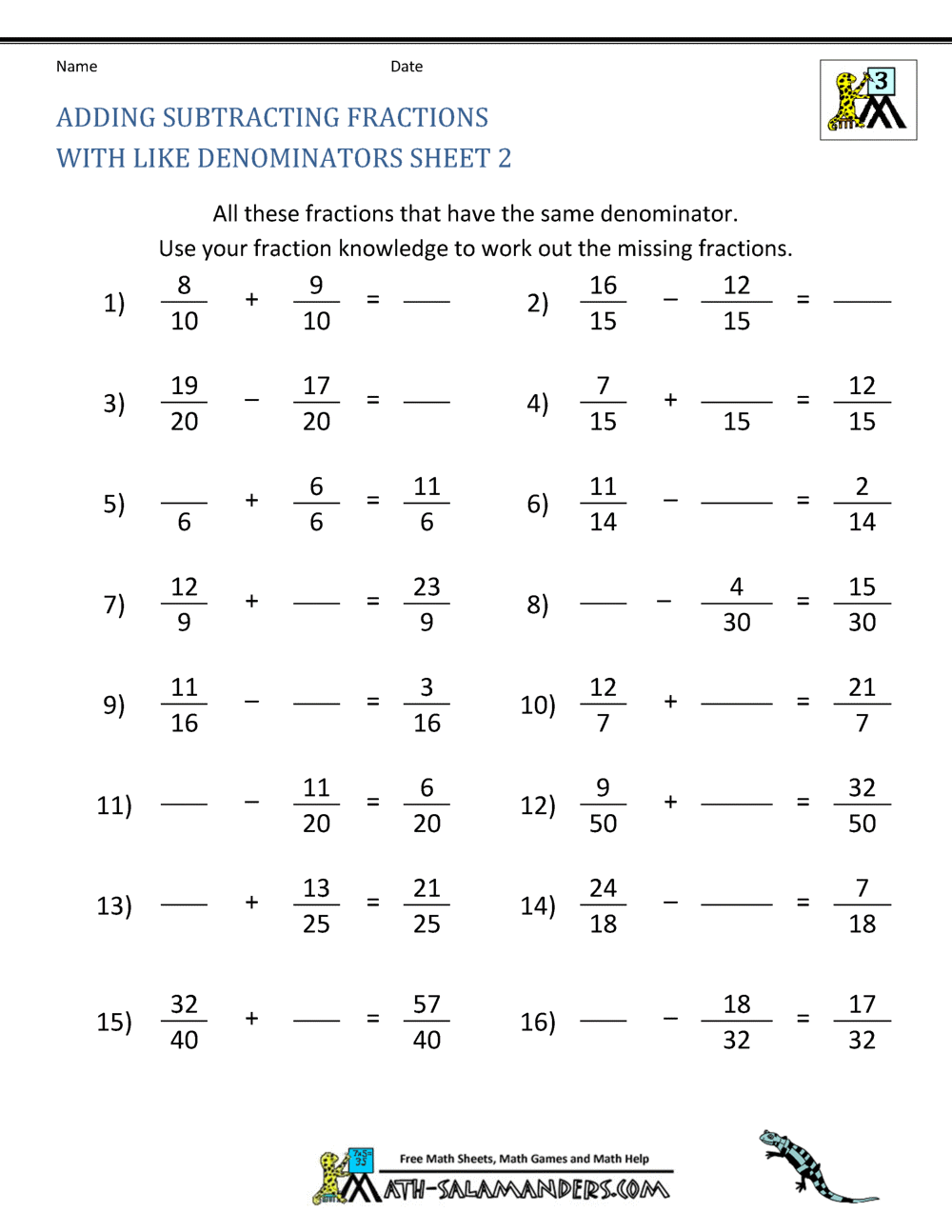 adding and subtracting fractions with unlike denominators worksheets