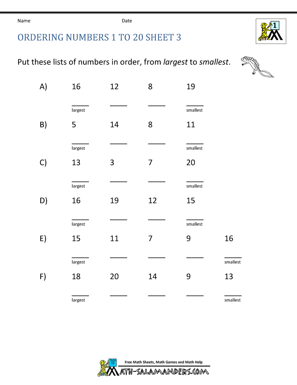 Basic Math Worksheets Ordering Numbers to 100