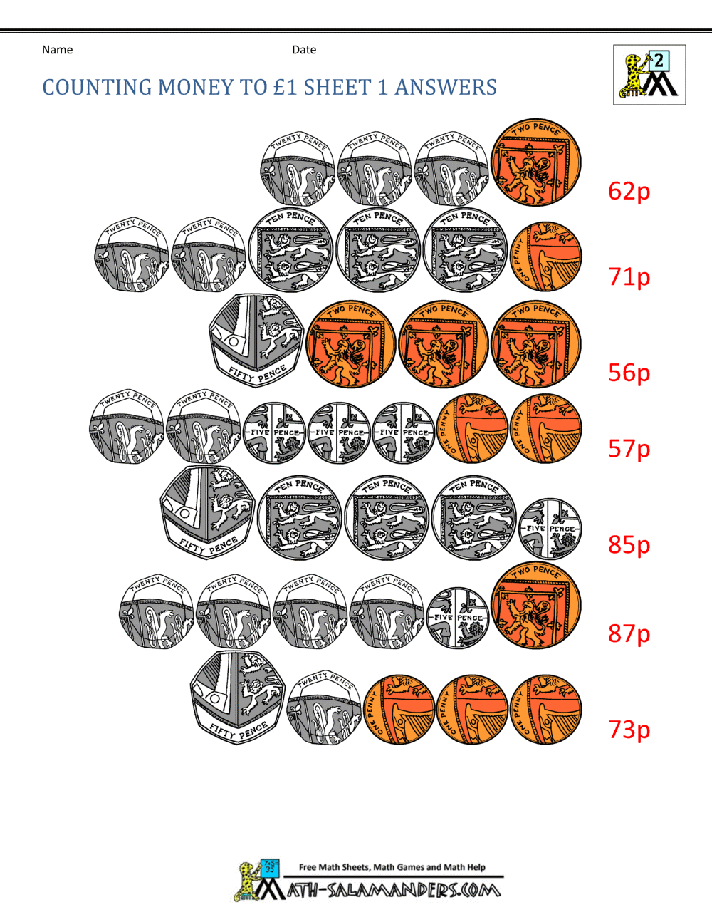Free Money Worksheets UK Coins