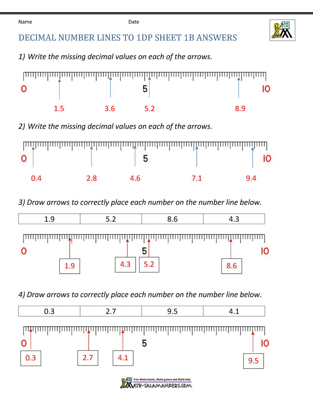 Decimal Number Line Worksheets