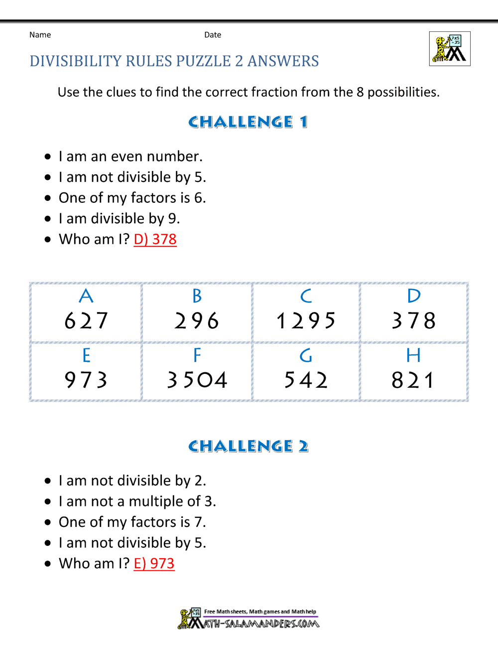 Divisibility Rules Worksheets