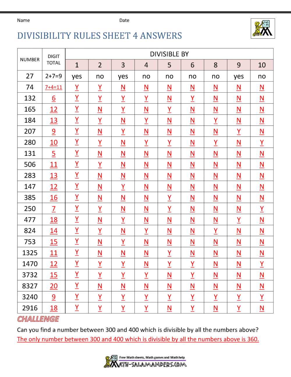 Divisibility Worksheet