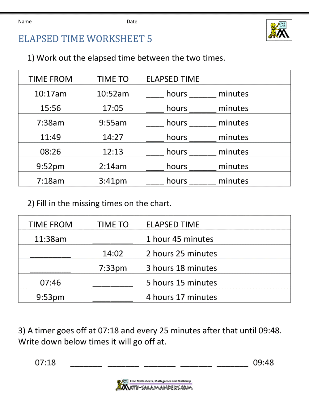 Elapsed Time Worksheets