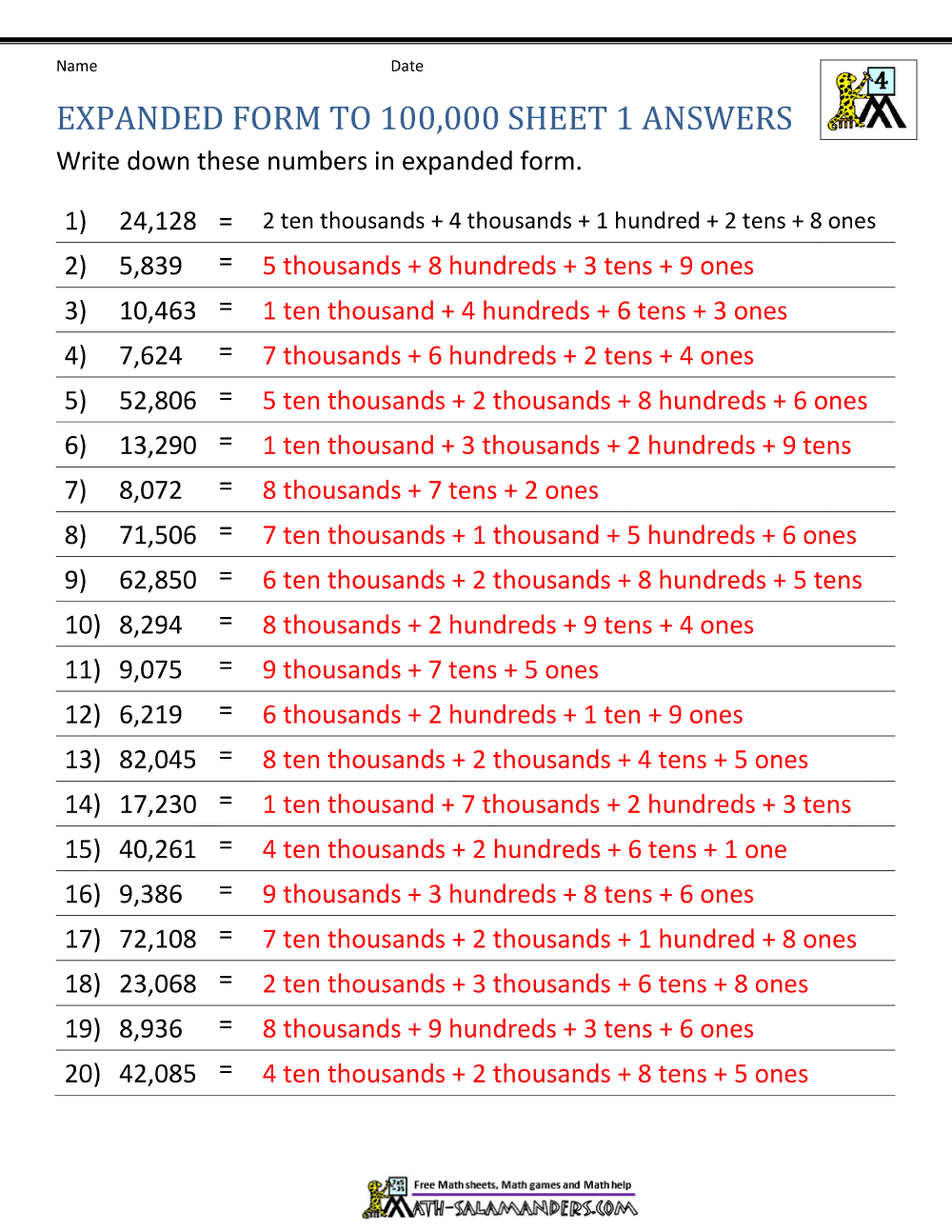 4th Grade Math Worksheets Reading, Writing and Rounding BIG Numbers