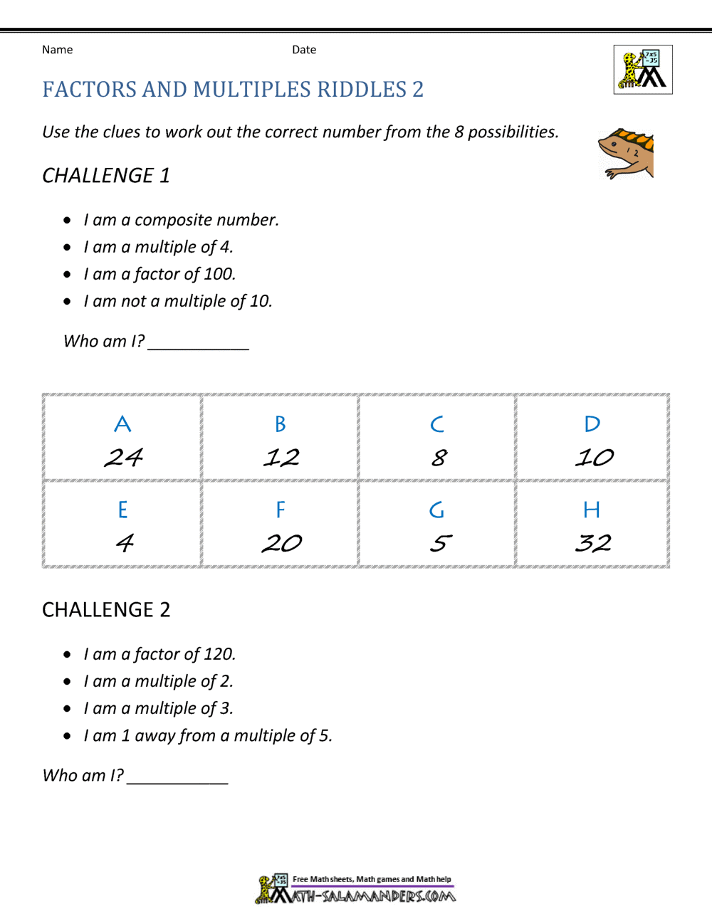 Factors and Multiples Worksheet