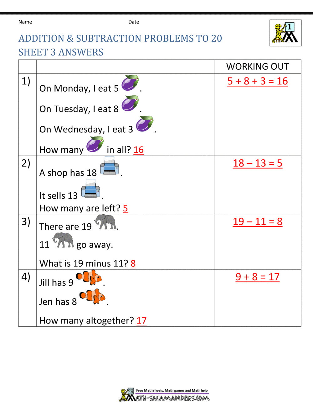 1st Grade Addition and Subtraction Word Problems