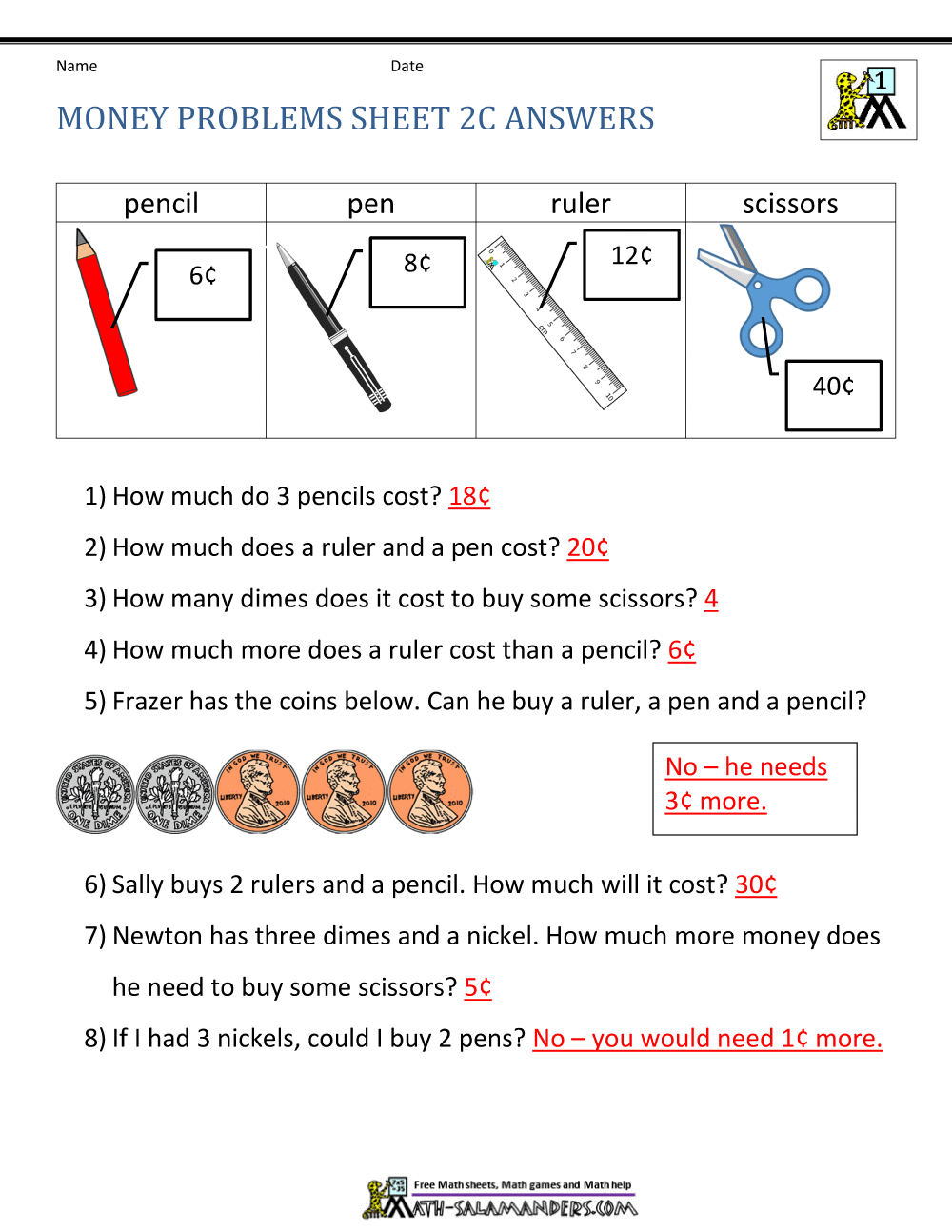 Money Worksheets For First Grade