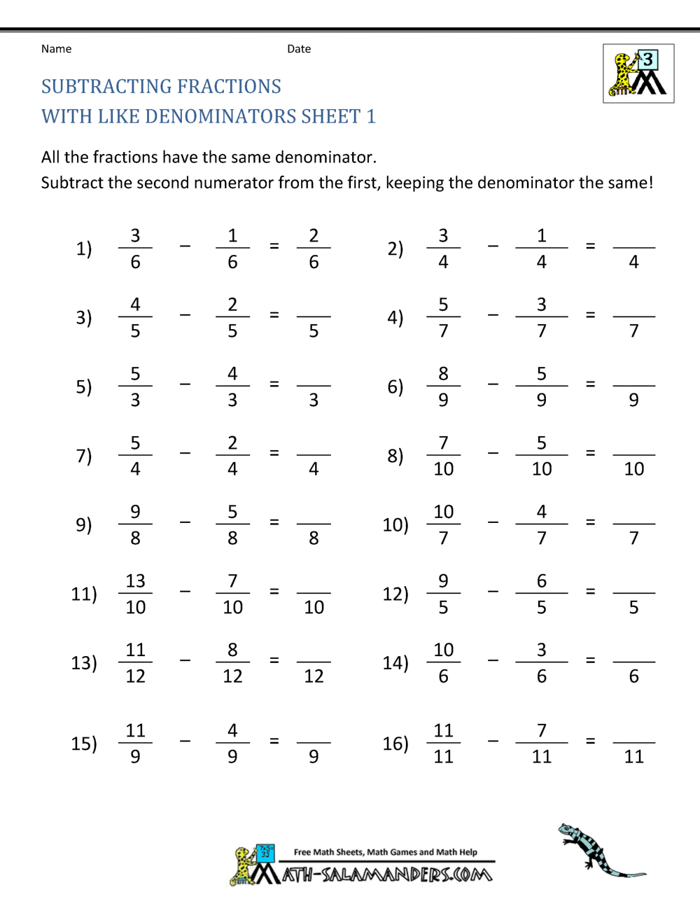 Free Fraction Worksheets Adding Subtracting Fractions