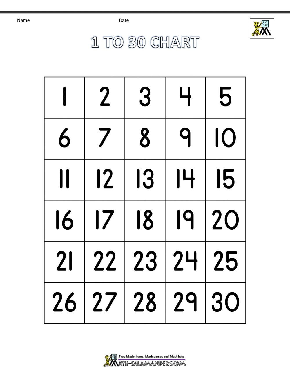 Printable Numbers 1-30