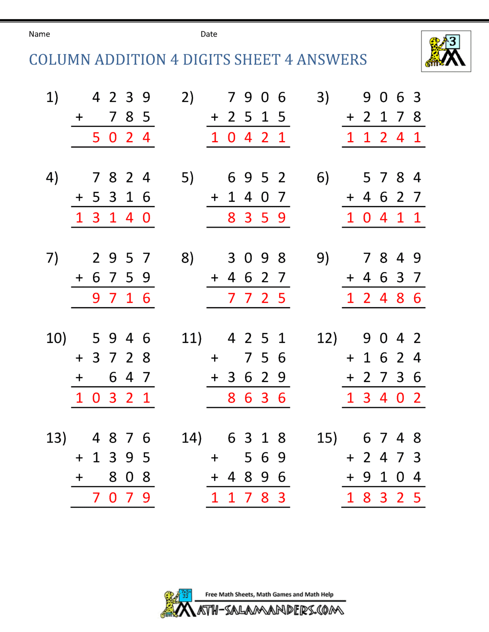Free Printable Addition Worksheets 3rd Grade