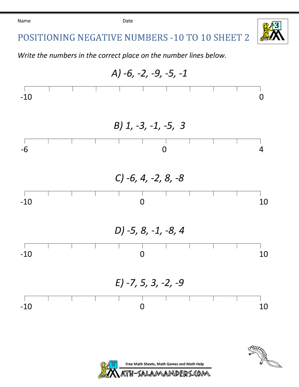 3rd Grade Math Ordering numbers from 10 to 10