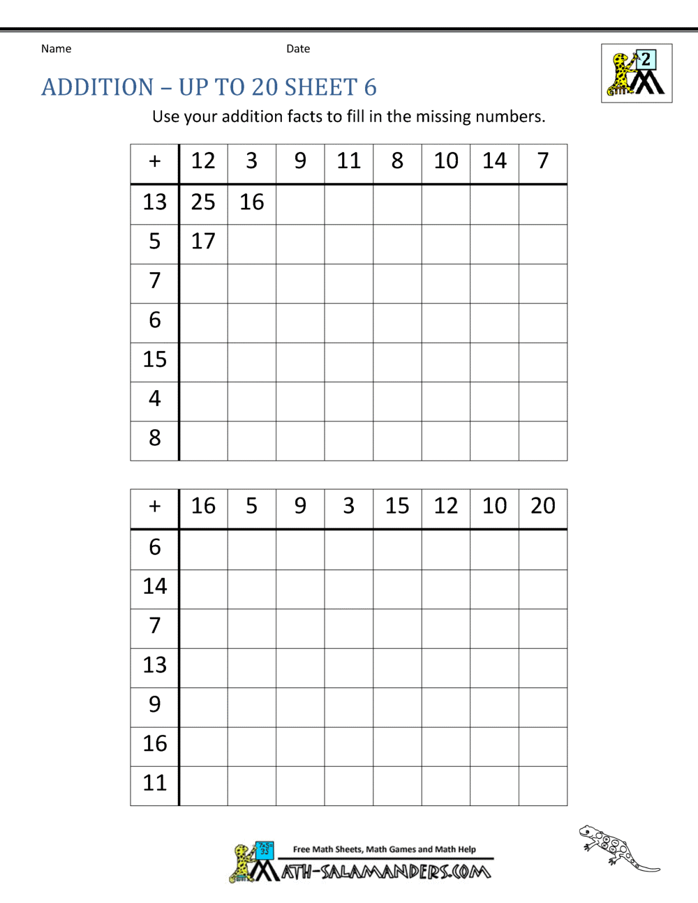 Math Addition Facts to 20