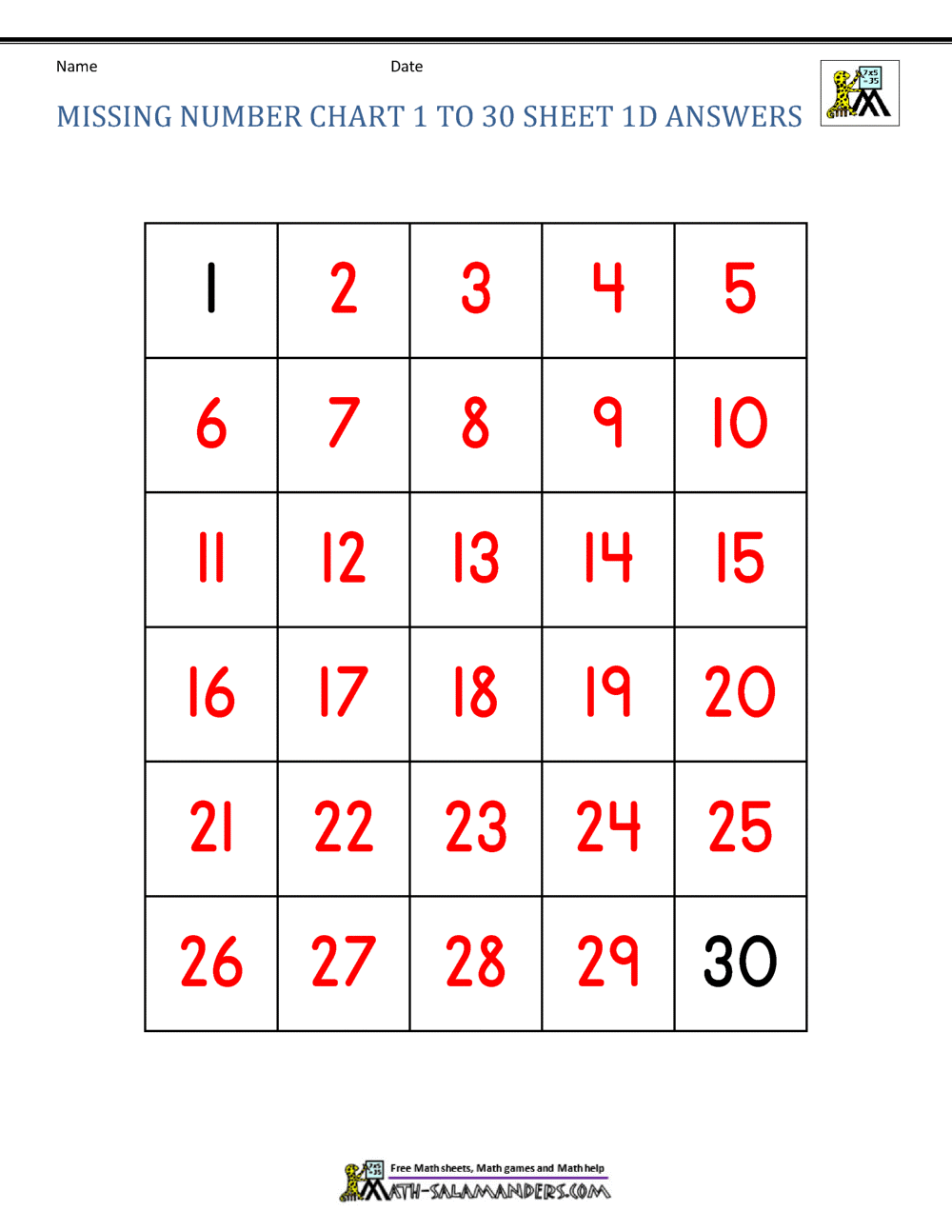 Free Number Chart 1-30