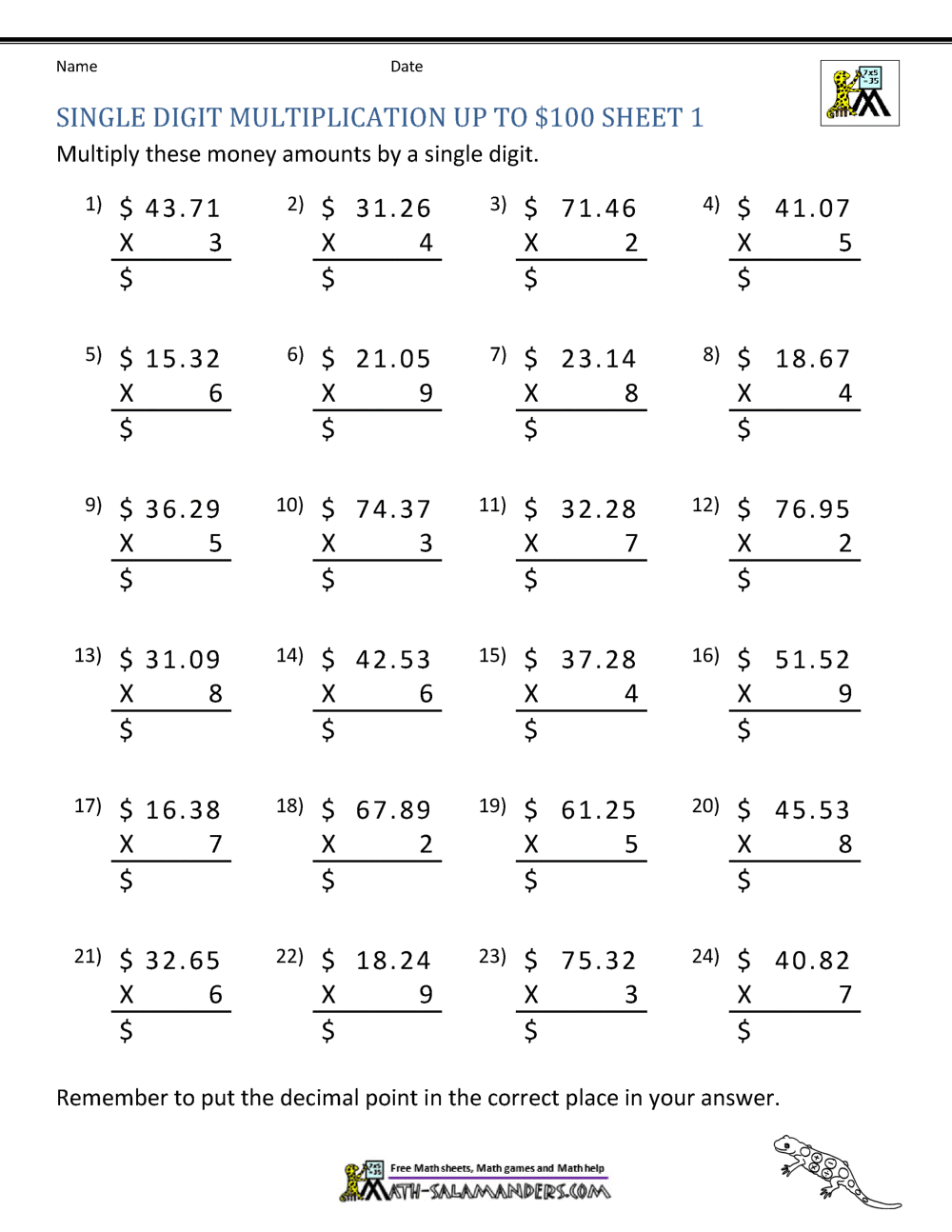 Decimal Multiplication Worksheet 5th Grade
