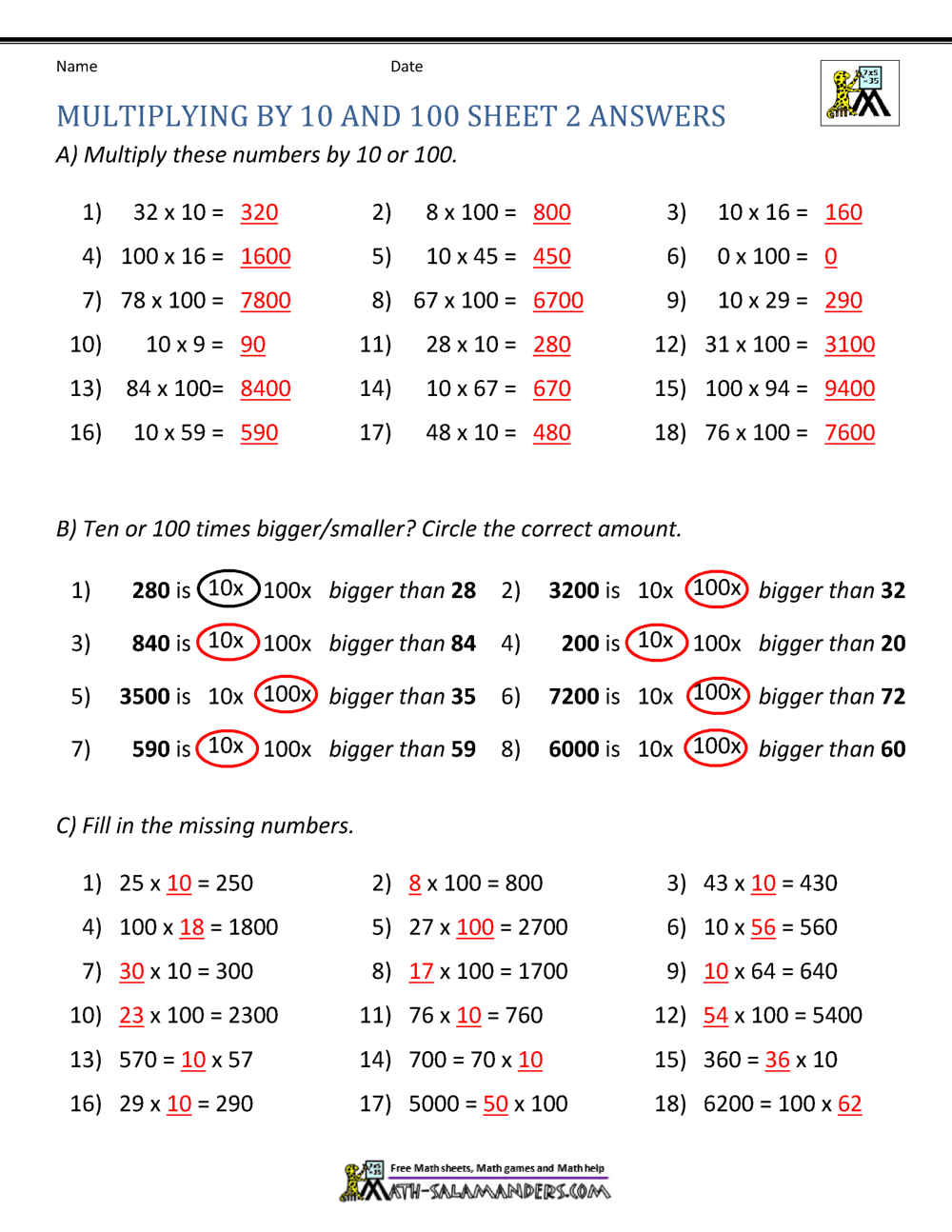 Multiplying by 10 and 100 Worksheets